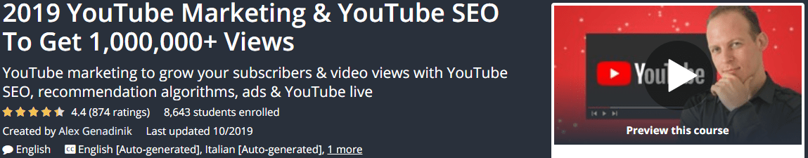 [GET] Alex Genadinik – 2019 YouTube Marketing and YouTube SEO To Get 1,000,000+ Views Download